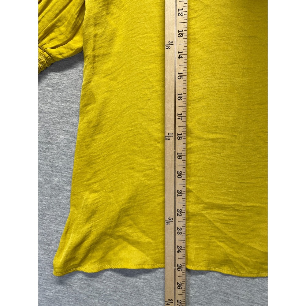 Rachel Zoe Blouse Top Womens Large Mustard Yellow 3/4 Puff Sleeve Smocked Cuff - Picture 6 of 7